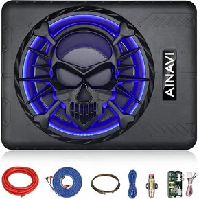 AINAVI 10" Active Slim Under Seat Car Subwoofer, 800W Powered Car Subwoofer, High/Low-Level Input, Car/Truck Audio Sub Built-in Amplifier Package with Blue LED Ambient Light