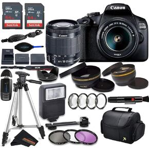 كاميرا Canon EOS 2000D (Rebel T7) DSLR مع مجموعة ملحقات Canon EF-S 18-55mm F3.5-5.6 III وعدسة Sunshine Photo الاحترافية (متجددة)