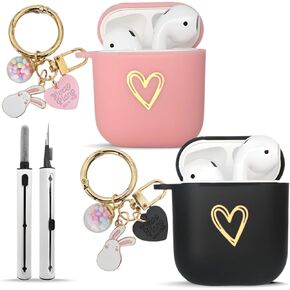 REDX1 [2 Pack] Case Compatible with AirPods Gold Heart Design Protective Cover with Lucky Ball Keychain Accessories,Soft TPU for Women,Girl,Teen Compatible with Airpods 1&2nd Generation (Black,Pink)