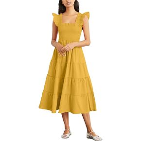 Rooscier Women's Square Neck Smocked Ruffle Sleeveless Sundress Tiered A Line Midi Dress in Kuwait