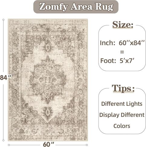 Area Rug 9x12 Vintage Rug: Large Washable Indoor Medallion Rug Low Pile Distressed Floor Carpet Retro Accent Rug for Living Room Bedroom Kitchen Dining Table Home Office(Beige, 9'x12') in Saudi Arabia