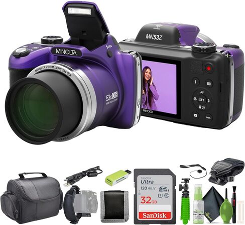 MINOLTA MN53Z 16 MP / 1080P FHD Bridge Digital Camera w/53x Optical Zoom (Red) Bundle with 32GB Memory Card + Camara Bag + Cleaning Kit + Vlogging Tripod + Accessories in Saudi Arabia