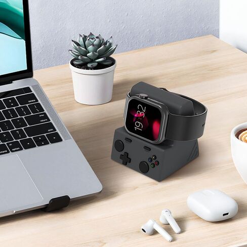 حامل شاحن متوافق مع Apple Watch Ultra 2/Ultra/SE، السلسلة 10/9/8/7/6/5/4 (49 مم، 46 مم، 45 مم، 44 مم، 42 مم، 41 مم، 40 مم، 38 مم)، قاعدة شحن من السيليكون تدعم المنضدة الوضع، رمادي غامق in Kuwait