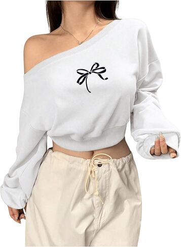 Women's Off The Shoulder Sweatshirts Bow Long Sleeve Pullover Tops Cropped Sweatshirt Fall Tops in Saudi Arabia