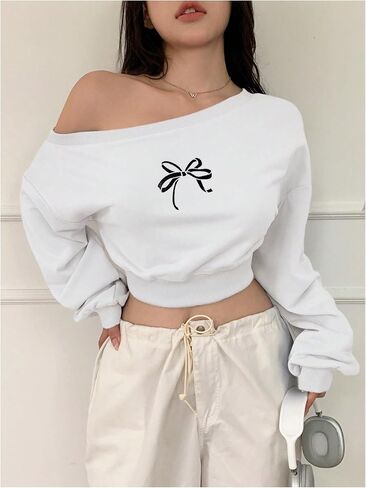Women's Off The Shoulder Sweatshirts Bow Long Sleeve Pullover Tops Cropped Sweatshirt Fall Tops in Saudi Arabia
