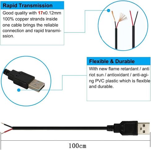 5 قطعة 3.2Ft 22AWG USB 2.0 ذكر 2Pin كابل ضفيرة ، 3A 5 فولت USB نوع A 2 الأساسية سلك عاري مفتوح نهاية تمديد كابل لكابل إصلاح DIY in Kuwait