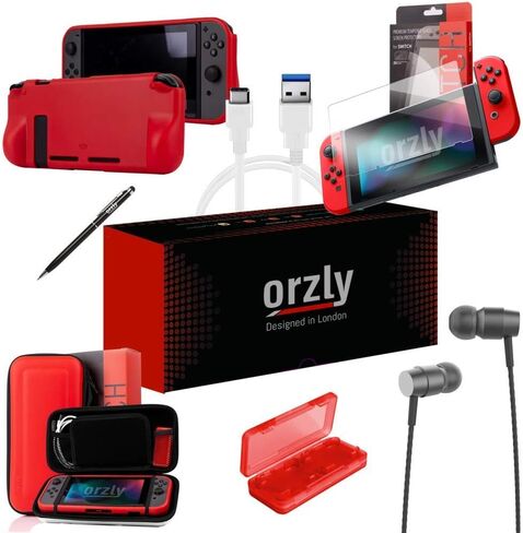 حزمة ملحقات Orzly Switch - حقيبة حمل لوحدة تحكم Nintendo Switch، واقيات شاشة من الزجاج المقوى، كابل شحن USB، حقيبة ألعاب Switch، حقيبة قبضة مريحة وسماعات الرأس - POKE in Kuwait