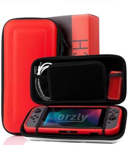 حزمة ملحقات Orzly Switch - حقيبة حمل لوحدة تحكم Nintendo Switch، واقيات شاشة من الزجاج المقوى، كابل شحن USB، حقيبة ألعاب Switch، حقيبة قبضة مريحة وسماعات الرأس - POKE in Kuwait