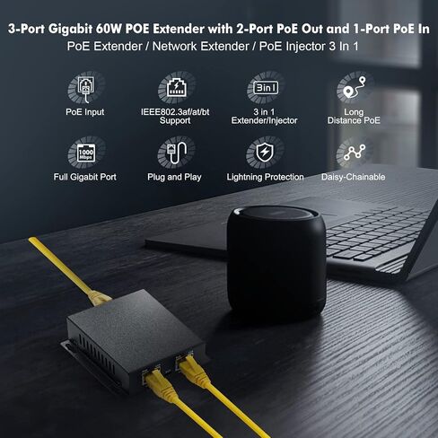 Gigabit PoE Extender Passthrough Switch, 1 PoE in 2 PoE Out, IEEE802.3af/at/bt PoE Powered Max 60W, Hi-PoE 90W, 10/100/1000Mbps, Metal Small Wall Mount PoE Extender/Injector/Network Extender in Saudi Arabia