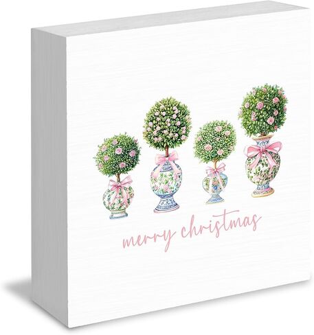 Chinoiserie Blue and White Coquette Red Bow Christmas Tree Wooden Box Signs, Grandmillennial Home Decor, Merry Christmas Wooden Signs for Home Office Desk Table Shelf Decor, 5x5 Inch in Kuwait