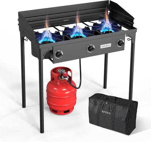 ROVSUN 3 Burner Propane Gas Stove, 225,000 BTU High Pressure Outdoor Camping Burner with CSA Listed Regulator, Picnic Cooker Perfect for Home Brewing Maple Syrup Patio Turkey Frying Canning in Kuwait