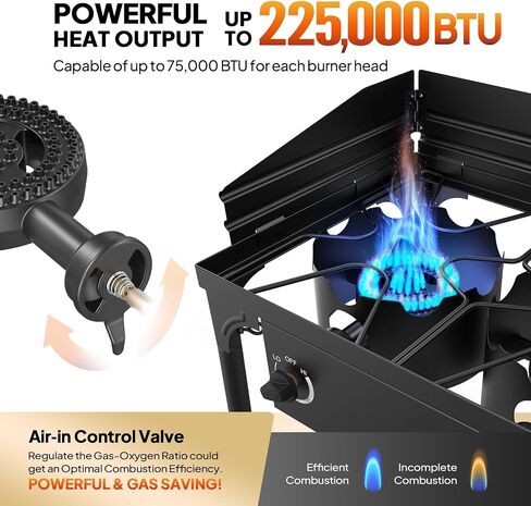 ROVSUN 3 Burner Propane Gas Stove, 225,000 BTU High Pressure Outdoor Camping Burner with CSA Listed Regulator, Picnic Cooker Perfect for Home Brewing Maple Syrup Patio Turkey Frying Canning in Kuwait