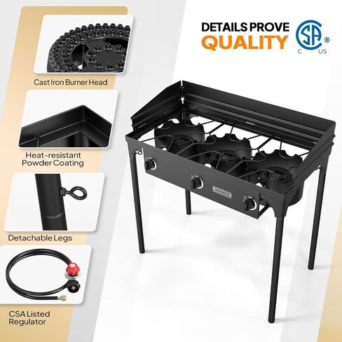 ROVSUN 3 Burner Propane Gas Stove, 225,000 BTU High Pressure Outdoor Camping Burner with CSA Listed Regulator, Picnic Cooker Perfect for Home Brewing Maple Syrup Patio Turkey Frying Canning in Kuwait