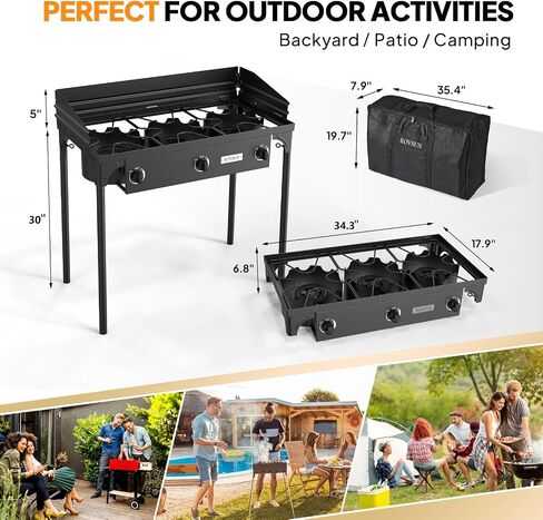 ROVSUN 3 Burner Propane Gas Stove, 225,000 BTU High Pressure Outdoor Camping Burner with CSA Listed Regulator, Picnic Cooker Perfect for Home Brewing Maple Syrup Patio Turkey Frying Canning in Kuwait