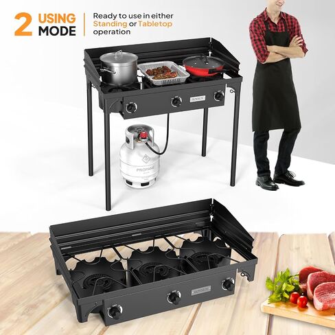 ROVSUN 3 Burner Propane Gas Stove, 225,000 BTU High Pressure Outdoor Camping Burner with CSA Listed Regulator, Picnic Cooker Perfect for Home Brewing Maple Syrup Patio Turkey Frying Canning in Kuwait