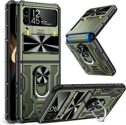 Caka for Samsung Galaxy Z Flip 3 Case with Kickstand, Camera Cover & Hinge Protection with Built-in 360 Rotate Ring Stand - Magnetic Protective Phone Case for Galaxy Z Flip 3 5G - Green in Saudi Arabia