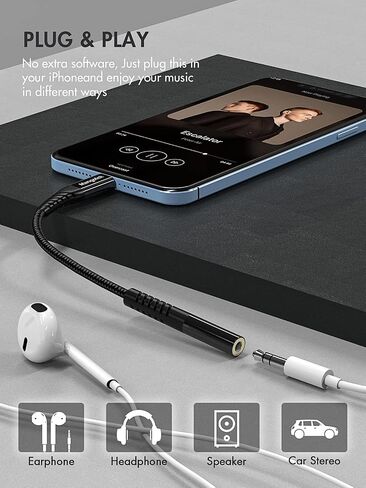 iPhone Headphone Adapter,MFI Certified Lightning to 3.5mm Headphone Jack Adapter, Apple Dongle for iPhone 14/13/12/11 Pro Max/SE/X/XR/XS/8/7(Black) in Kuwait
