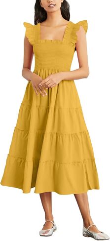 Rooscier Women's Square Neck Smocked Ruffle Sleeveless Sundress Tiered A Line Midi Dress in Kuwait