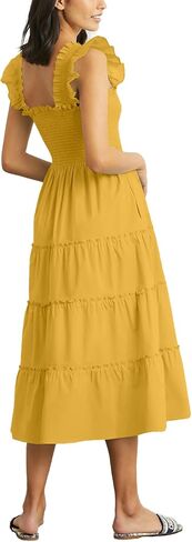 Rooscier Women's Square Neck Smocked Ruffle Sleeveless Sundress Tiered A Line Midi Dress in Kuwait