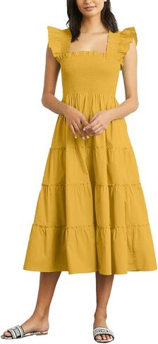 Rooscier Women's Square Neck Smocked Ruffle Sleeveless Sundress Tiered A Line Midi Dress in Kuwait