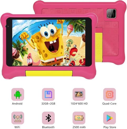 Kids Tablet 7 inch, Tablet for Kids with HD Display, Android 12 Go Quad Core, 2GB RAM + 32GB ROM, 128GB Expansion, Wi-Fi, Children Tablet with Parent Control - Pink in Saudi Arabia
