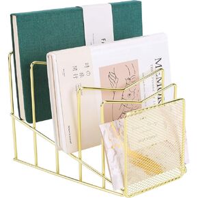 Z PLINRISE Incline File Sorter, Wire Magazine Holder Rack for Mails, Folders and Books, Desk Paper Storage Organizer for Home and Office, 5 Sections, Gold