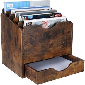 PAG Wood Desktop File Holder Organizer Mail Sorter with Drawer, for File Folders, Mails, Envelopes, Mailing Supplies or Magazines, 6 Compartments, Antique Brown