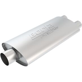 BORLA 40349 ProXS Universal Performance Muffler 3" Single Center Inlet/Dual 2.5" Outlets 4" x 9.5" Oval x 19" Long Body 25" Overall Length Un-Notched Necks Reversible Design T-304 Stainless Steel