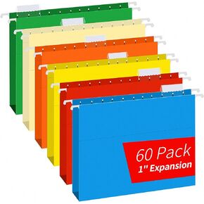 Hanging File Folders, RAZCC 60 Pack Reinforced Hanging Folders Letter Size, Designed for Bulky Files, Filing Cabinet, Adjustable Tabs, Assorted Colors