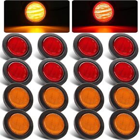 2.5" Inch Round Led Trailer Marker Lights, 8 Amber + 8 Red 2.5" Round Led Side Clearance Marker Lights Front Rear Truck Trailer Lights Sealed Flush Mount w/Rubber Grommets and 2 Prong Wire Pigtails