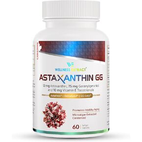 WELLNESS EXTRACT Astaxanthin-GG Natural AstaREALTM Astaxanthin MicroAlgae for Eye & Skin Health, Geranylgeraniol, Vitamin E Tocotrienol DeltaGold, Healthy Aging, Antioxidant Health; 60 Softgels.