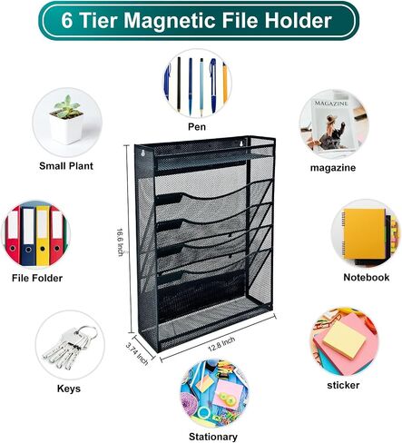6 Tier Magnetic File Holder，No Drilling Required Folder Letter Organizer for Office File Cabinets,Refrigerator, Whiteboard, Metal Magnetic Mail Paper Storage Basket for Home, Office Supplies in Saudi Arabia