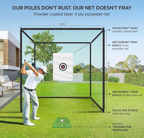 Golf Cage Net 10x10x10 Ft Golf Hitting Cage with Frame and Netting Enclosure Target Cloth and Swing Practice Mat for Indoor Outdoor Backyard Driving Range in Kuwait