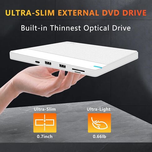 محرك الأقراص المضغوطة/أقراص DVD الخارجية من NOLYTH رفيع للغاية: ناسخ أقراص مضغوطة USB 3.0 وUSB C مع منافذ USB SD/TF/2 محمول +/-RW مشغل DVD لأجهزة الكمبيوتر المحمول وأجهزة الكمبيوتر المحمول وأجهزة Mac Windows وApple Desktop Linux in Kuwait