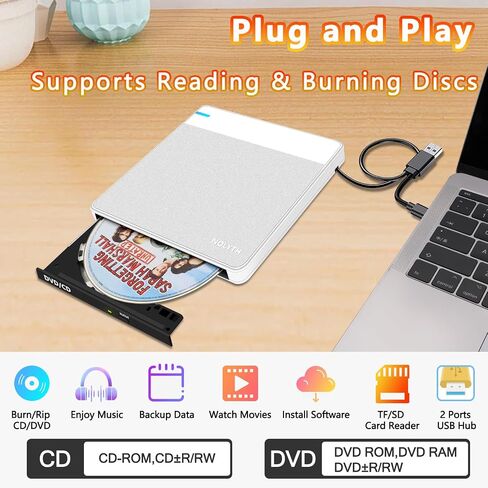 محرك الأقراص المضغوطة/أقراص DVD الخارجية من NOLYTH رفيع للغاية: ناسخ أقراص مضغوطة USB 3.0 وUSB C مع منافذ USB SD/TF/2 محمول +/-RW مشغل DVD لأجهزة الكمبيوتر المحمول وأجهزة الكمبيوتر المحمول وأجهزة Mac Windows وApple Desktop Linux in Kuwait