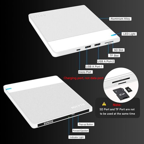 محرك الأقراص المضغوطة/أقراص DVD الخارجية من NOLYTH رفيع للغاية: ناسخ أقراص مضغوطة USB 3.0 وUSB C مع منافذ USB SD/TF/2 محمول +/-RW مشغل DVD لأجهزة الكمبيوتر المحمول وأجهزة الكمبيوتر المحمول وأجهزة Mac Windows وApple Desktop Linux in Kuwait