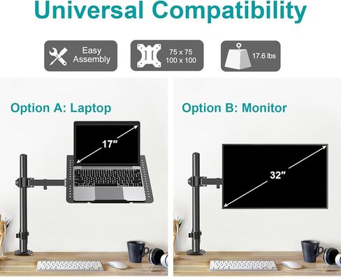 حامل كمبيوتر محمول واحد من MOUNT PRO مع صينية لأجهزة الكمبيوتر المحمول حتى 17 بوصة، ويتحمل ما يصل إلى 17.6 رطل، حامل تثبيت على مكتب الكمبيوتر المحمول/الكمبيوتر المحمول قابل للتعديل بالكامل، حامل ذراع كمبيوتر محمول عالي التحمل مع مشبك وقاعدة جروميت in Kuwait