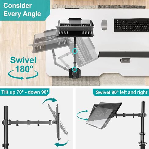 حامل كمبيوتر محمول واحد من MOUNT PRO مع صينية لأجهزة الكمبيوتر المحمول حتى 17 بوصة، ويتحمل ما يصل إلى 17.6 رطل، حامل تثبيت على مكتب الكمبيوتر المحمول/الكمبيوتر المحمول قابل للتعديل بالكامل، حامل ذراع كمبيوتر محمول عالي التحمل مع مشبك وقاعدة جروميت in Kuwait