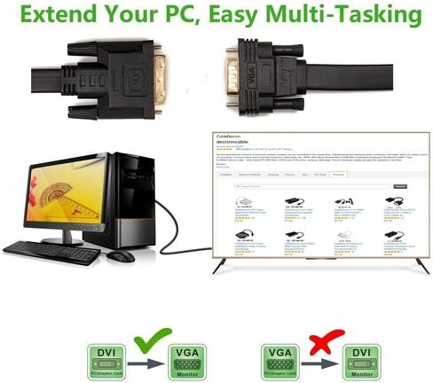 CableDeconn Active DVI-D Dual Link 24+1 Male to VGA Male Video with Flat Cable Adapter Converter 2M in Kuwait
