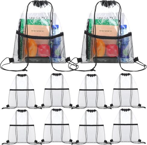 10 قطع من حقيبة الظهر ذات الرباط الشفاف والمعتمدة من الاستاد، حقيبة ظهر من مادة PVC مزودة بخيط سحب مع جيب شبكي بسحاب أمامي للمناسبات الرياضية in Kuwait