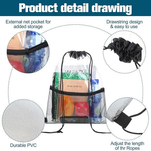 10 قطع من حقيبة الظهر ذات الرباط الشفاف والمعتمدة من الاستاد، حقيبة ظهر من مادة PVC مزودة بخيط سحب مع جيب شبكي بسحاب أمامي للمناسبات الرياضية in Kuwait