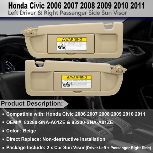 استبدال واقي الشمس من الجانب الأيسر للسائق متوافق مع Honda Civic 2006 2007 2008 2009 2010 2011 يستبدل # 83280-SNA-W01ZB اللون بيج in Kuwait