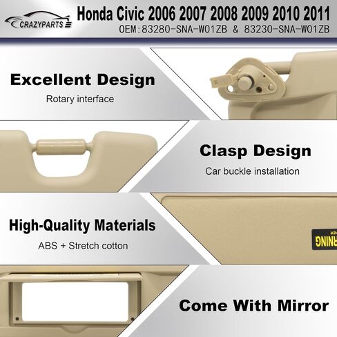 استبدال واقي الشمس من الجانب الأيسر للسائق متوافق مع Honda Civic 2006 2007 2008 2009 2010 2011 يستبدل # 83280-SNA-W01ZB اللون بيج in Kuwait
