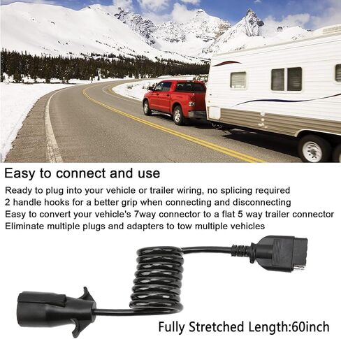 NiLooki 7 طريقة مستديرة إلى 5 طريقة دبوس مقطورة مسطحة ملفوف موصل الأسلاك قابس مهايئ لشاحنة RV مقطورة كامل الطول-60 بوصة in Kuwait