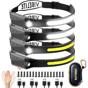 VIBELITE 4PCS Rechargeable Headlamp Flashlight USB C, 230°Wide Beam Headlight with Motion Sensor, Waterproof Head Light,5Mode Headlamps for Camping, Runing, Hiking, Fishing