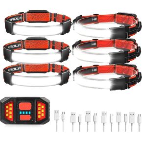 Aikertec Rechargeable Headlamp 6 Pack, 1000LM Wide Beam Headlamp, Red Light Headlamp with Power Taillight, 3 Modes, Waterproof Headlamps, Hardhat Head Lamp for Running, Camping, Fishing