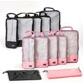12 Pc Set Compression Packing Cubes - WONGLE His and Hers Family Travel Organizer Compressible Packing Cubes for Suitcases, Luggage Organizer Bags, Travel Accessories, Shoe Bag (Purple/Grey)