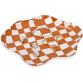 Koythin Jewelry Tray, Ceramic Jewelry Dish Trinket Tray Organizer, Checkered Pattern Aesthetic Decorative for Kitchen, Bathroom, Birthday Gift (Green Plaid)