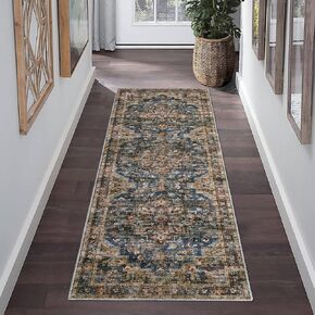 GAOMON 9x12 Area Rug Vintage Distresse Machine Washable Area Rug for Living Room Bedroom Traditional Medallion Floral Non-Slip Stain Resistant Accent Rug Carpet for Home Decor, Brown
