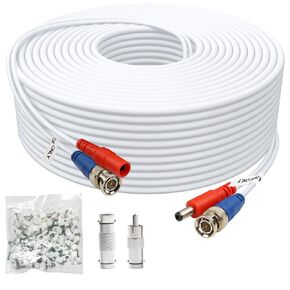 BNC Cable 200ft 1 Pack BNC Video Power Cable,Security Camera Cable for CCTV Camera DVR Security Systems(Included 2X BNC Adapters,100 Pcs Cable Clips)-White